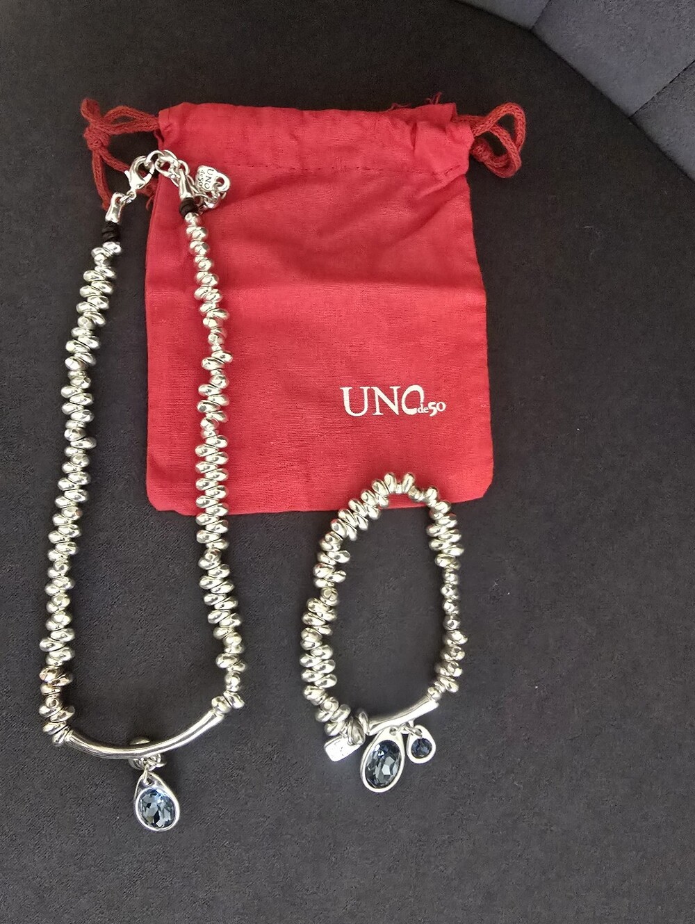 UNO de 50 Silver Beaded Necklace and Bracelet Set with Blue Crystal Drops